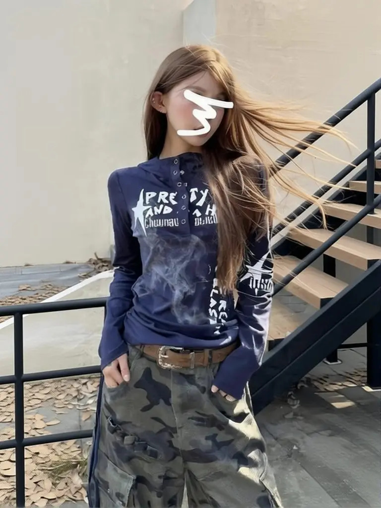 Button Hooded Y2k T Shirts Women Vintage 100% Cotton Long Sleeve Top Casual Basic T Shirt Autumn Spring Outwear Navy Blue 260920 - view 3