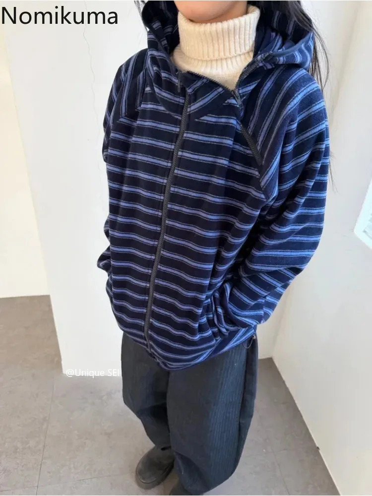 2026 Womens Clothing Striped Hoodies Coats Casual Zipper Hooded Sweatshirts Y2k Tops Streetwear Fashion Loose Vintage Hoodie 260924 - view 5