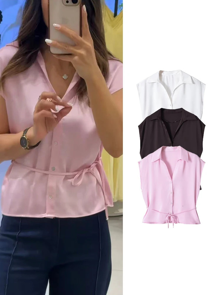 TFMLN Women Casual Tops Sleeveless Lace Up Blouse Fashion Streetwear Elegant Turn Down Collar Buttons Commuting Shirts 260924