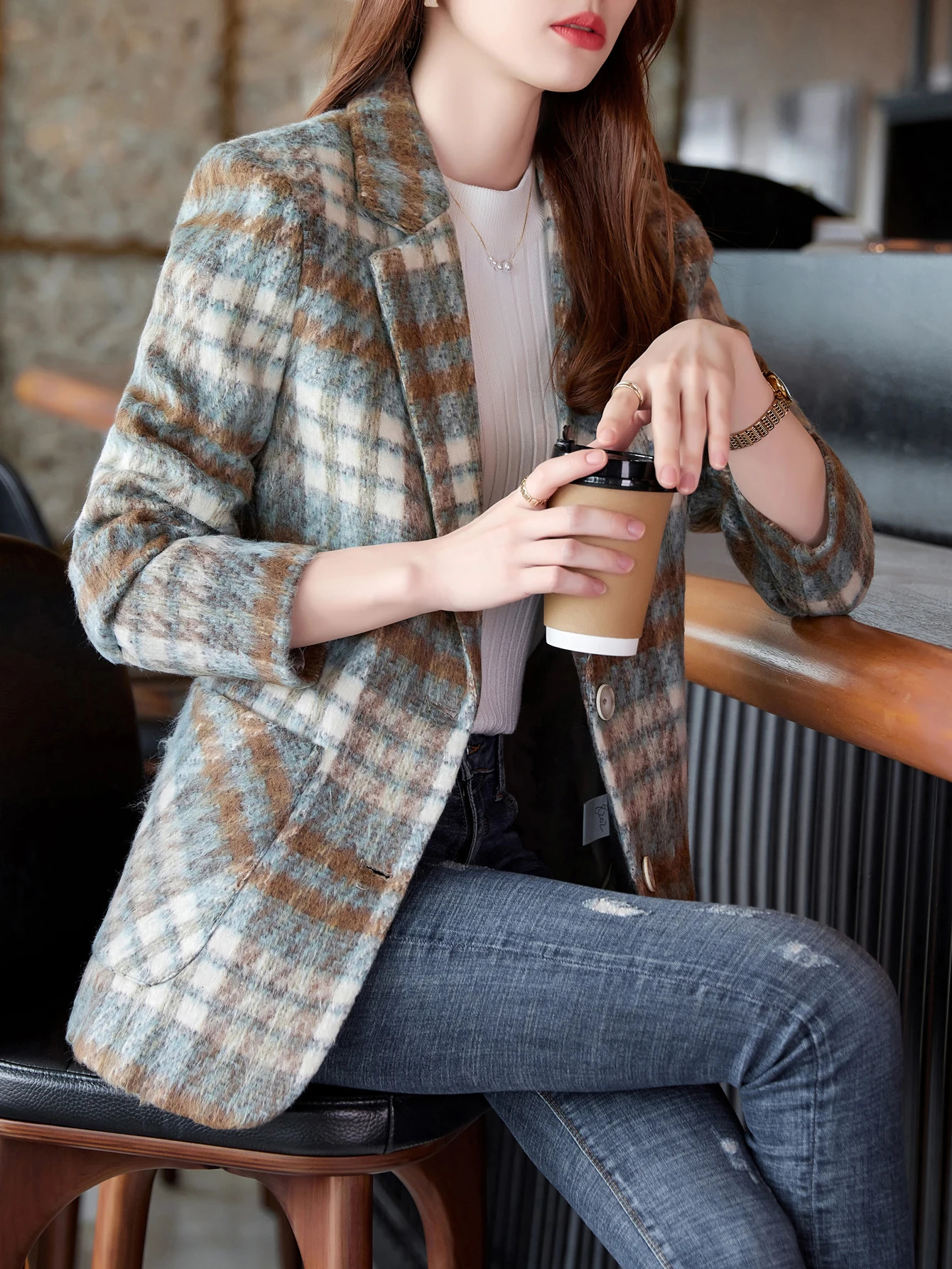 Tartan Wool Single-Breasted Blazer - High-End Versatile Stylish Commuter Professional Slim-Fit Jacket 260924 - view 6