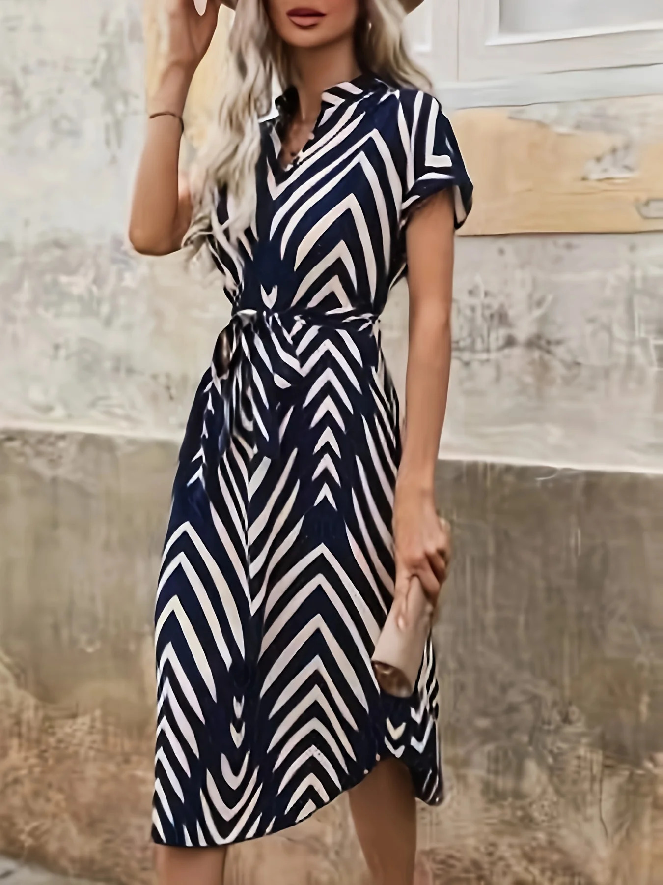 Summer Fashion Clothing Women's Elegant And Casual V-neck Short Sleeved Stripe Belt Comfortable Dress 260922 - view 5