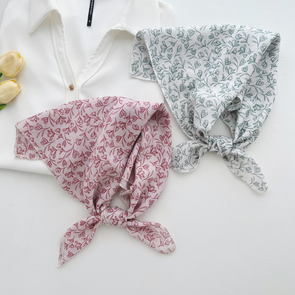58 Floral Cotton Linen Small Square Women's Spring Summer Korean Style, Fresh Elegant, Neck Scarf, Hairband, and Headscarf - view 3