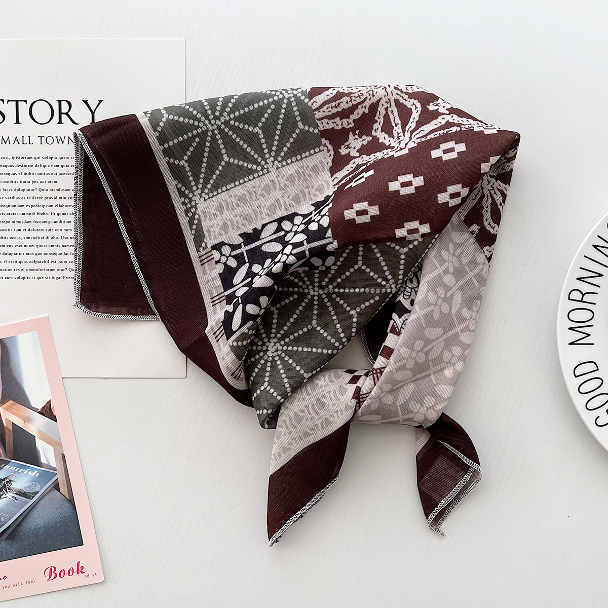 Spring summer French-style retro cotton and linen small square versatile neck thin silk scarf, multi-functional hair tie - view 3