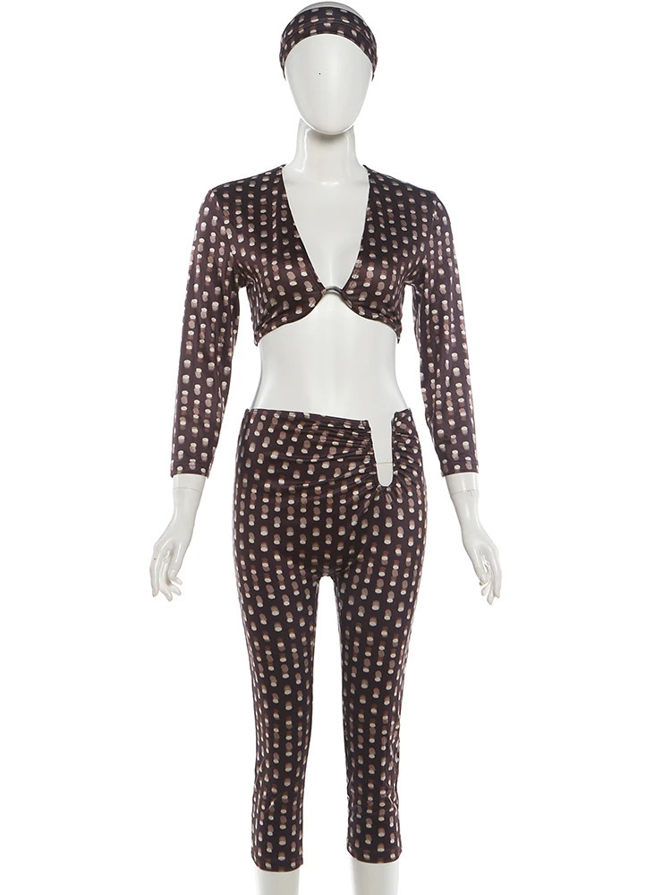 Weird Puss Sexy Fashion 3 Piece Set Woman Polka Dot Print HeadscarfLowNeck Full Sleeve TopsMetal Buckle Crop Pants Streetwear 260924 - view 6