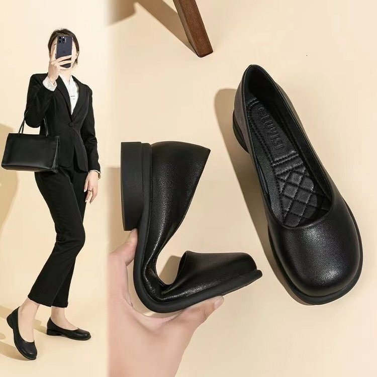 Comfortable Pure Black Flat Work Shoes round Toe Women's Flats Stand for Long Time Soft Bottom Interview Professional Office ...