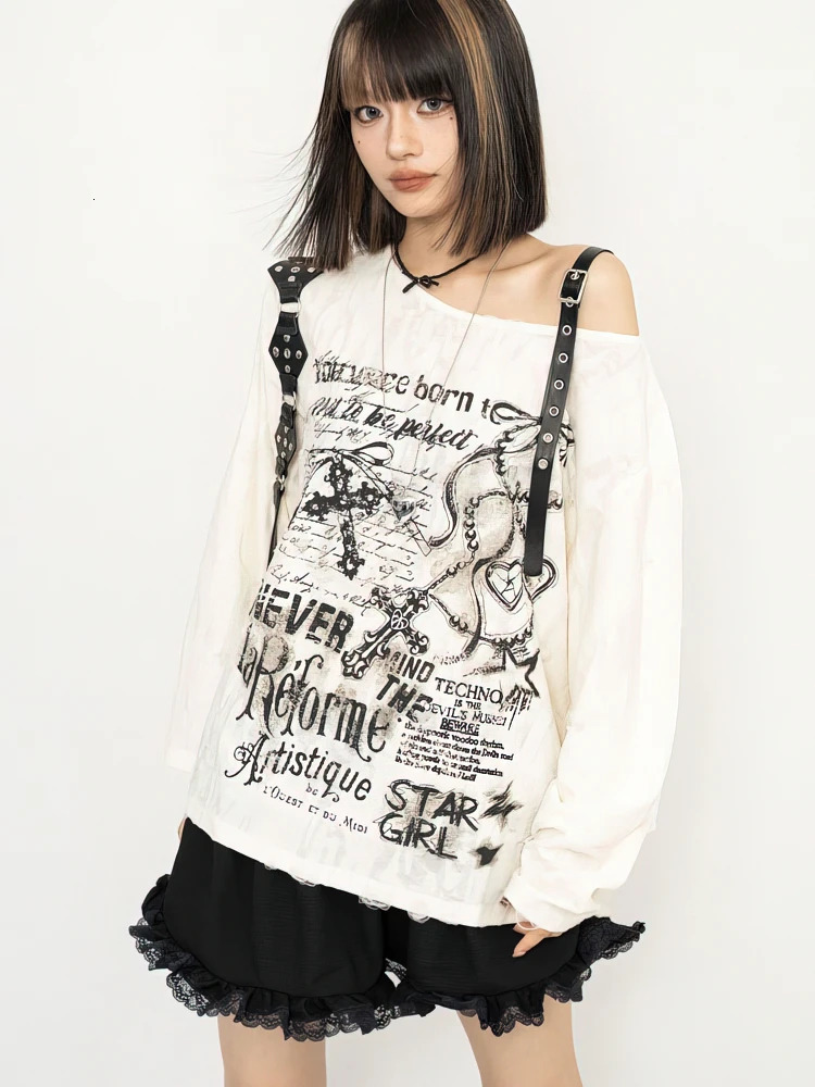 Y2k Long sleeve T shirt Women Off shoulder Oversize Tops Female Spring Autumn Vintage Holes Basic Tees Streetwear Chic 260920