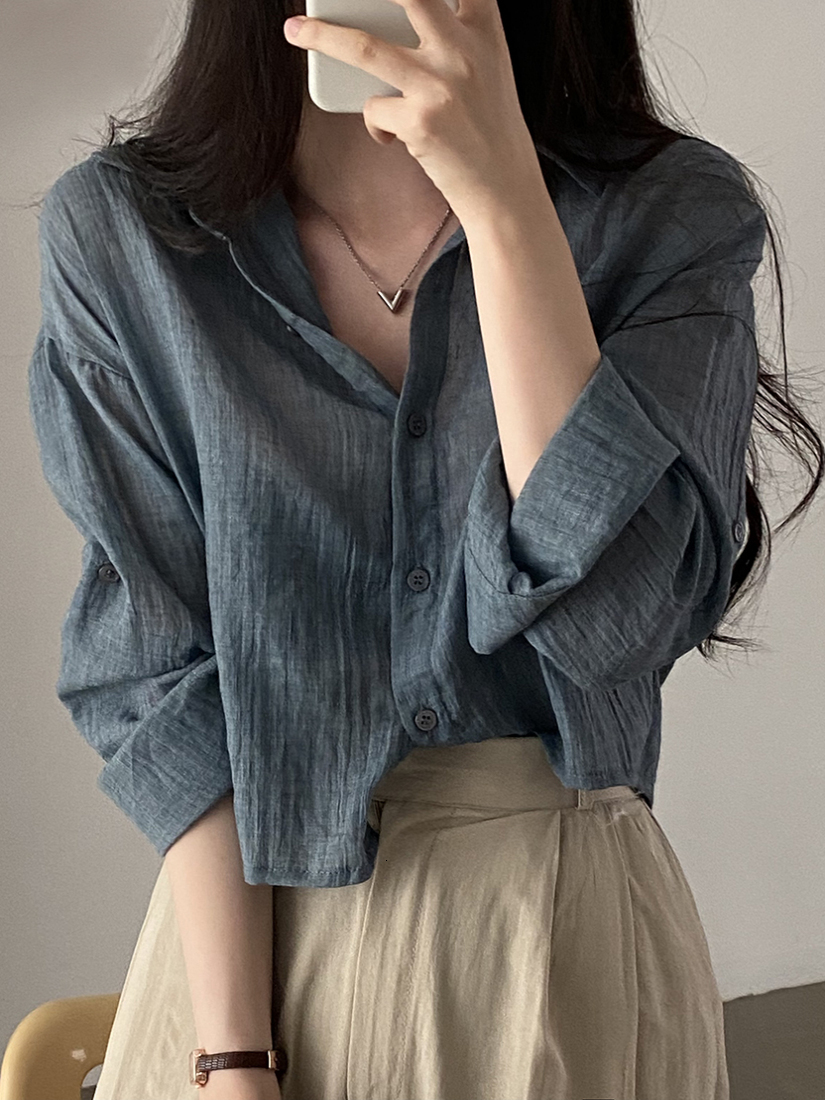 Summer Chic Sun Protection Thin Long Sleeve Shirt Women's Collared Fold Design Casual Straight Cut Pure Color Button up Top