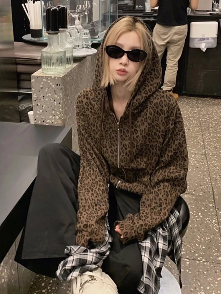 Y2K Leopard Print Hooded Jacket Women Full Zip Drawstring Hood Long Sleeve Loose Fit Streetwear Street Club Ladies Outerwear 260924 - view 3