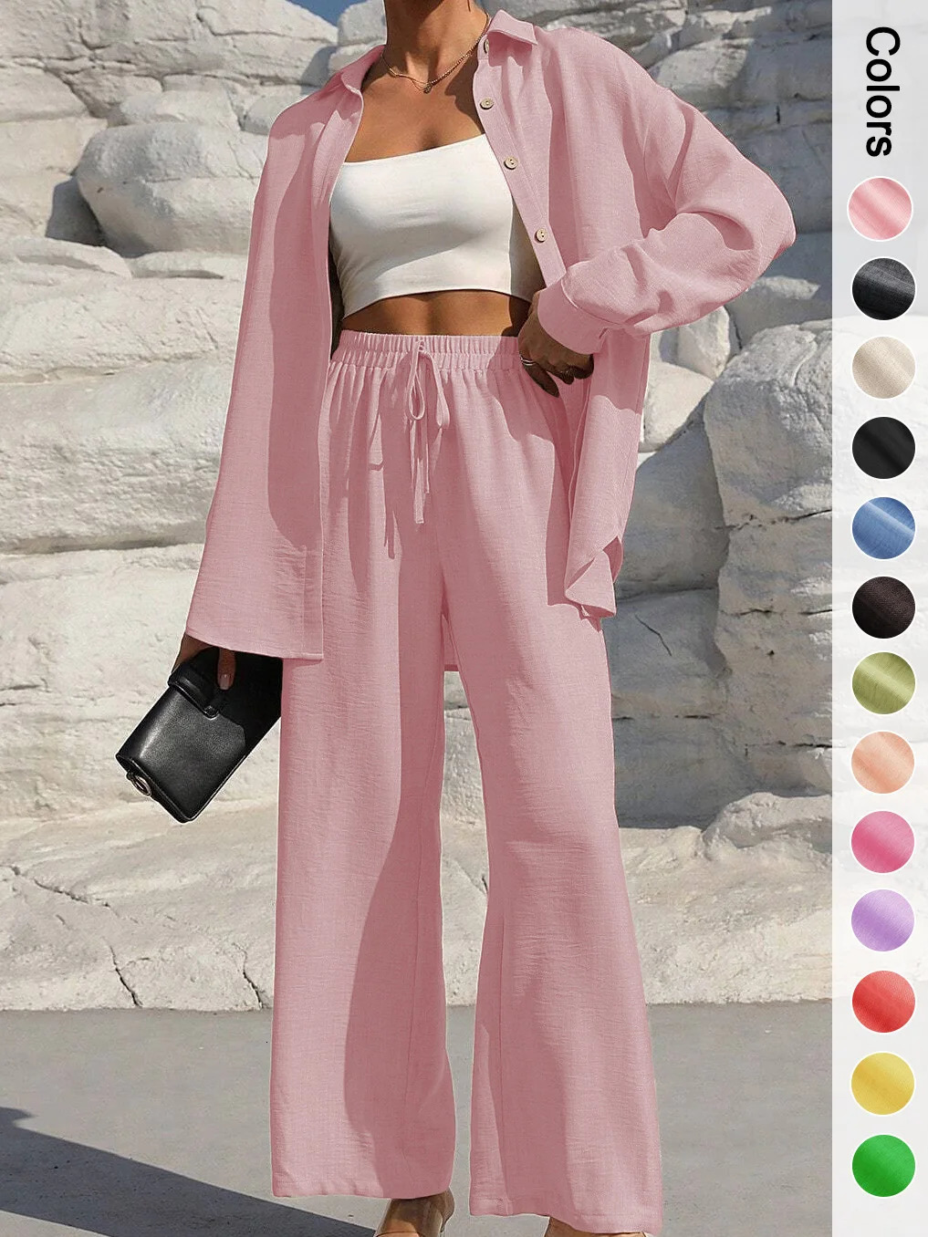 Women's Solid Button Front Shirt Tie Front Wide Leg Pants Two-piece Set Casual Drop Shoulder Long Sleeve Blouse Top Trouser 260922