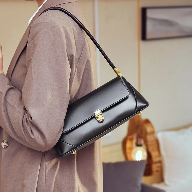 HIFASHION Genuine Leather Underarm Bag Women Vintage Brown Cowhide Lock Flap Shoulder Bag Daily Work Commuter Handbags 260924 - view 5