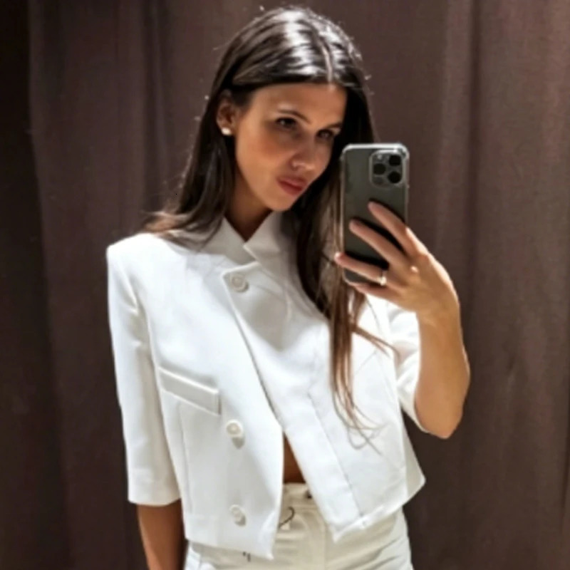HXAO 2026 Women's Crop White Jacket Demi-Season 2026 Elegant Asymmetric Button Short-Sleeved Outerwears Office Wear Women Blazer 260924 - view 6