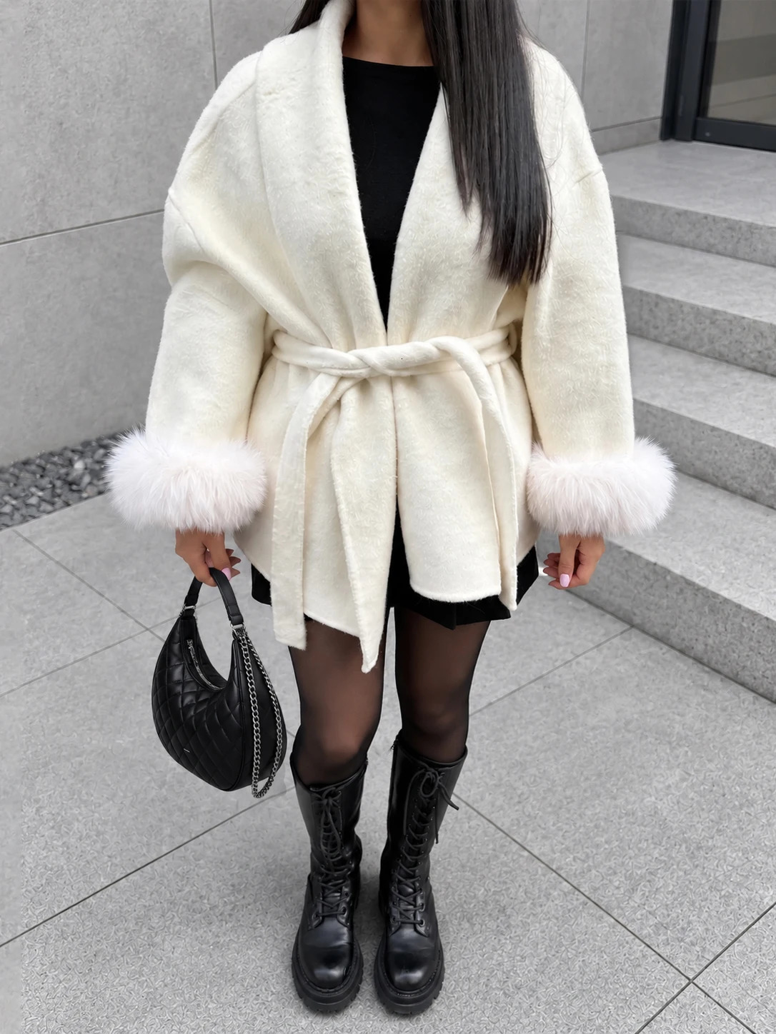 Tossy Fox Fur Wool Overcoat Womens Short Coat Office Lady Elegant Doublesided Woolen Coat Cardigan Jackets Loose Wool 260922 - view 3