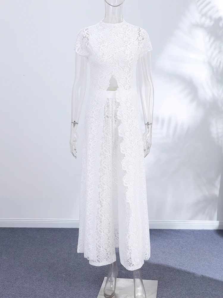 Fashion Lace Solid Women's Shirt Pant Set See Through Short Sleeve Long Tops Straight Trousers 2026 Summer Chic Female Suits 260922 - view 6