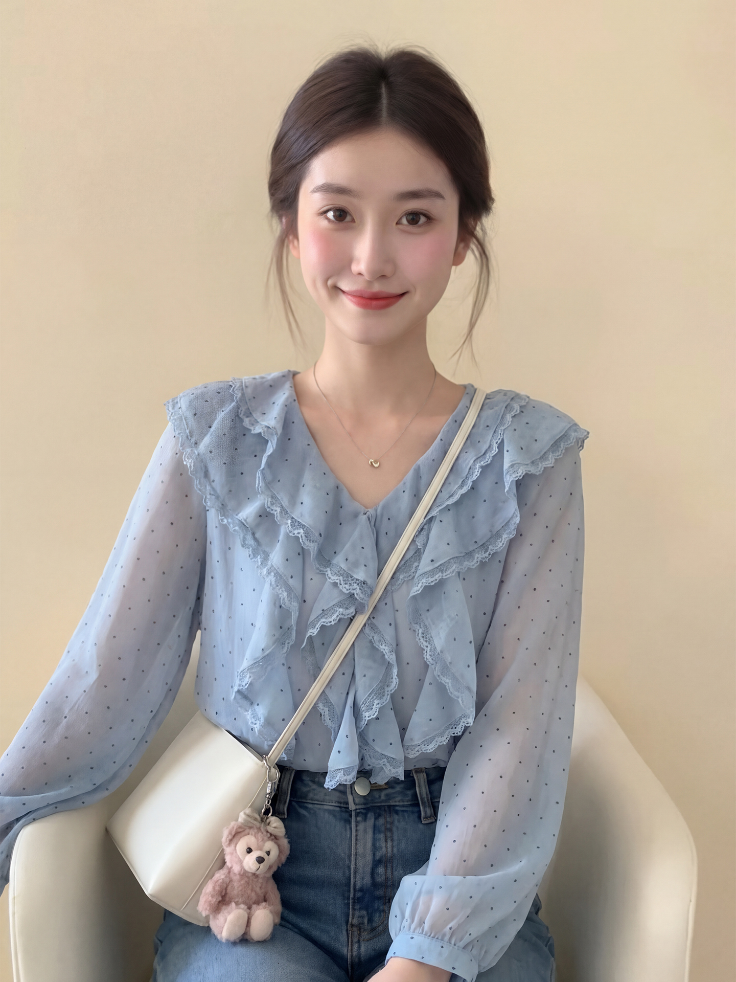 Blue Polka Dot V-Neck Shirt Women's 2026 Autumn New High-End Feeling Anti-Aging Top French Style Loose Fit Long Sleeve Polyes...