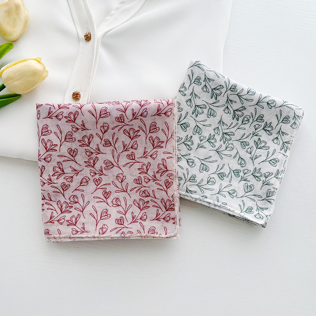 58 Floral Cotton Linen Small Square Women's Spring Summer Korean Style, Fresh Elegant, Neck Scarf, Hairband, and Headscarf - view 4