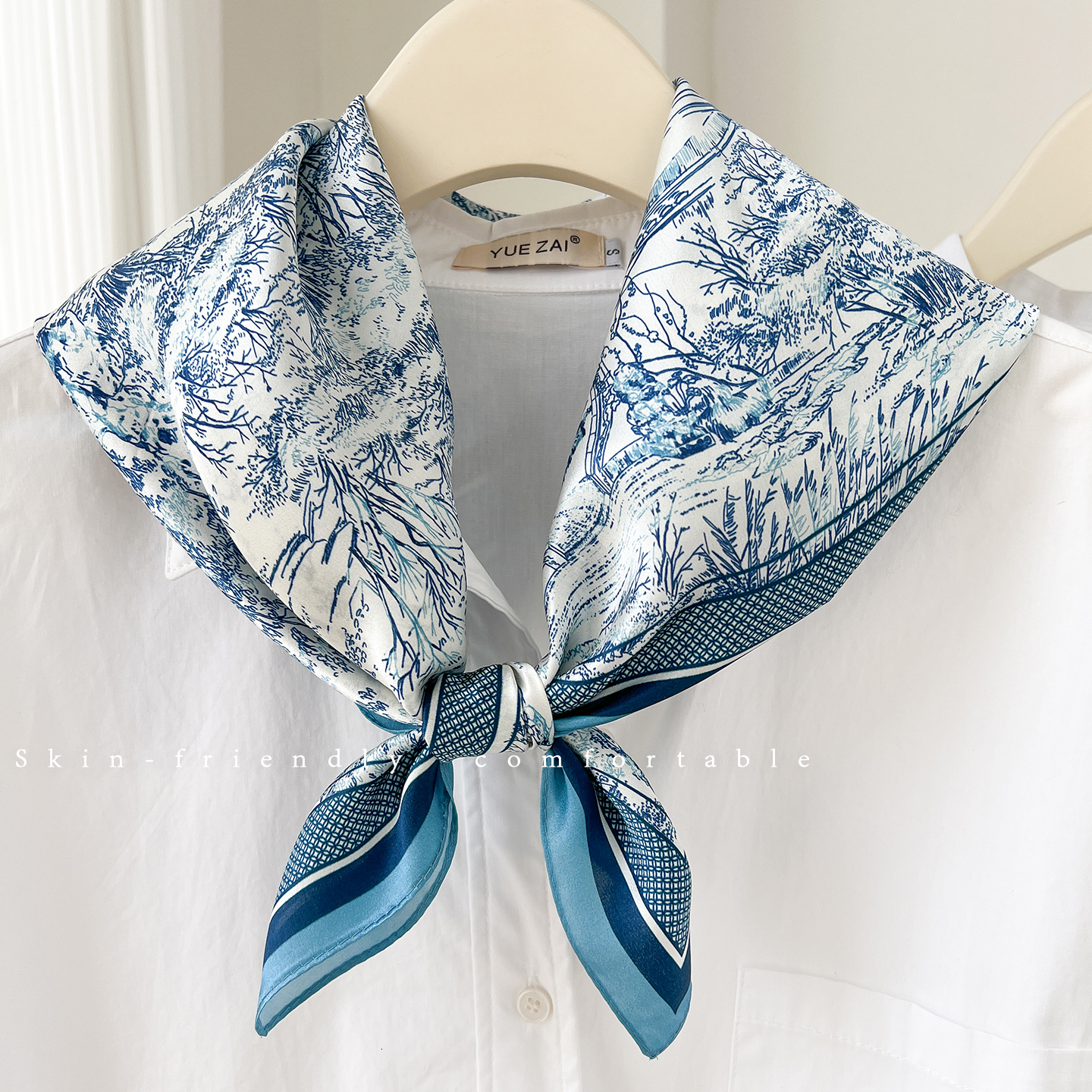 100% pure silk, 70x70 cm, mulberry square women's blue-toned printed silk scarf, shawl, suitable for pairing with suits and shirts, versatile sca - view 3