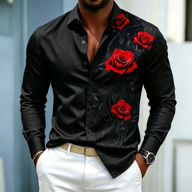 Men's shirt solid color lapel long sleeved with red rose vine pattern printed on one side slim fit casual trend 260923 - view 5