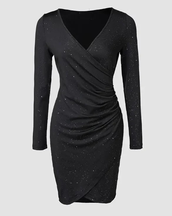 Elegant Black VNeck Long Sleeve Mini Dress with Glitter Detail Stretchy Polyester Ruched Cocktail Party Gown for Women Cock 260924 - view 4