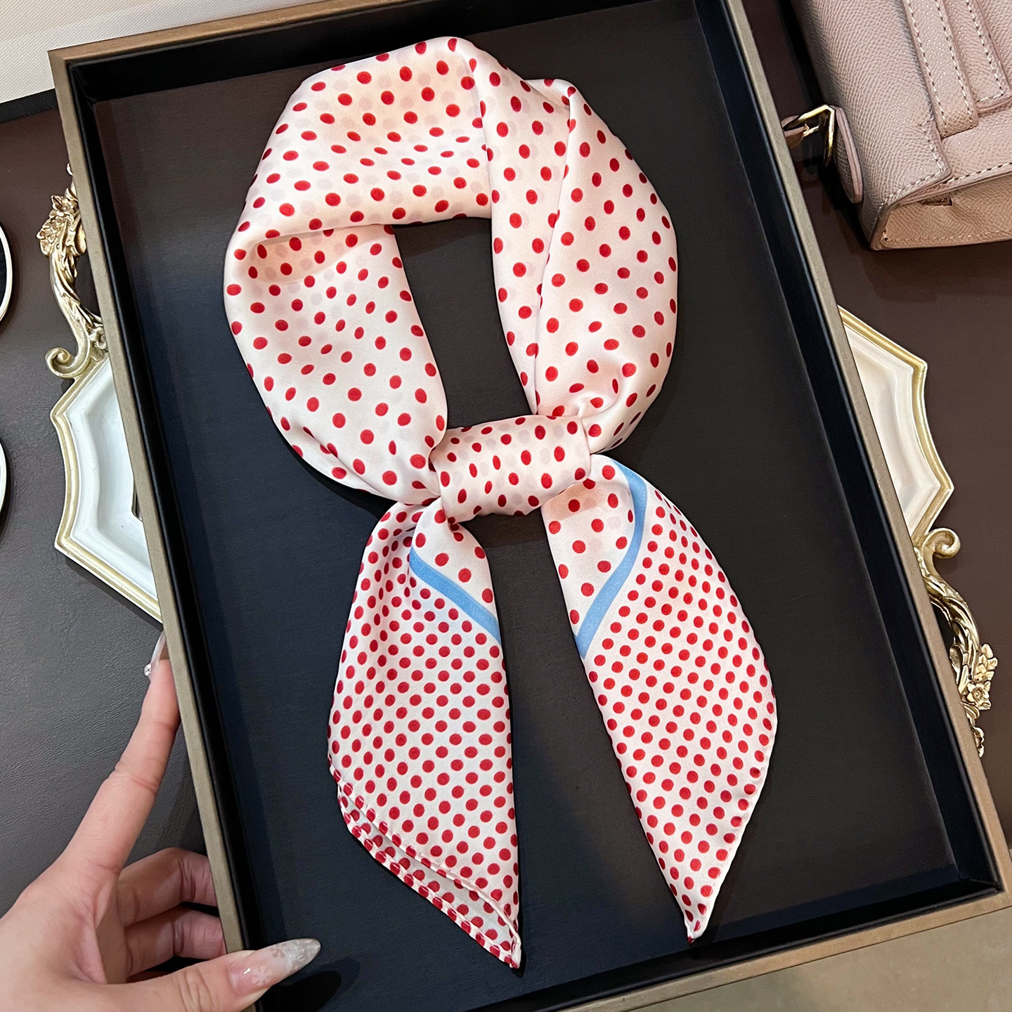 Korean-style polka dot silk women, small square scarf perfect for summer, offering sophisticated fashionable look, providing sun protection, and servi