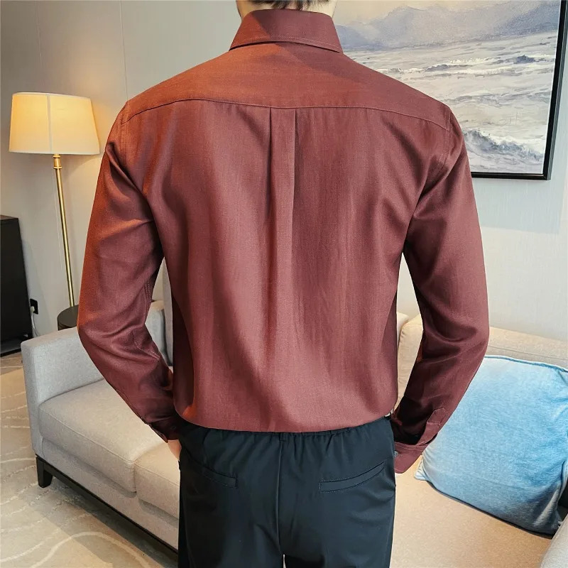 100% Lyocell Breathable Shirts for Men Clothes Business Social Formal Wear Solid Color Slim Fit Thin Long Sleeve Dress Shirt 260922 - view 3