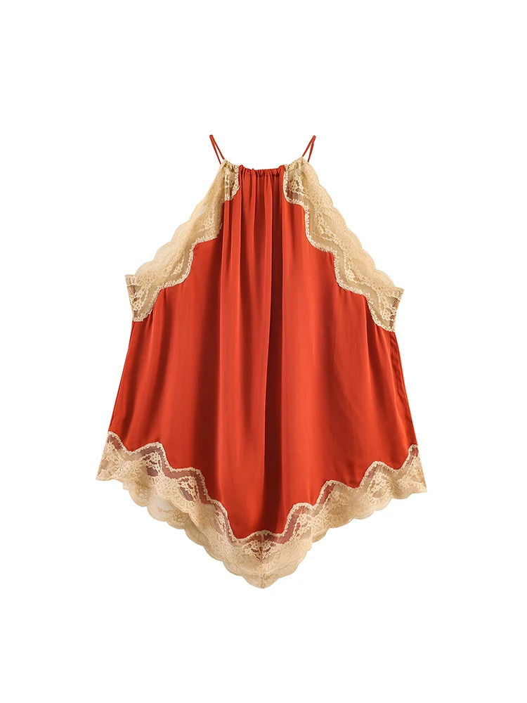 Summer Women Halter Top Fashionable Elegant Patchwork Lace Splicing Irregular Loose Fit Sleeveless Tank Top Chic Lady 260924 - view 3