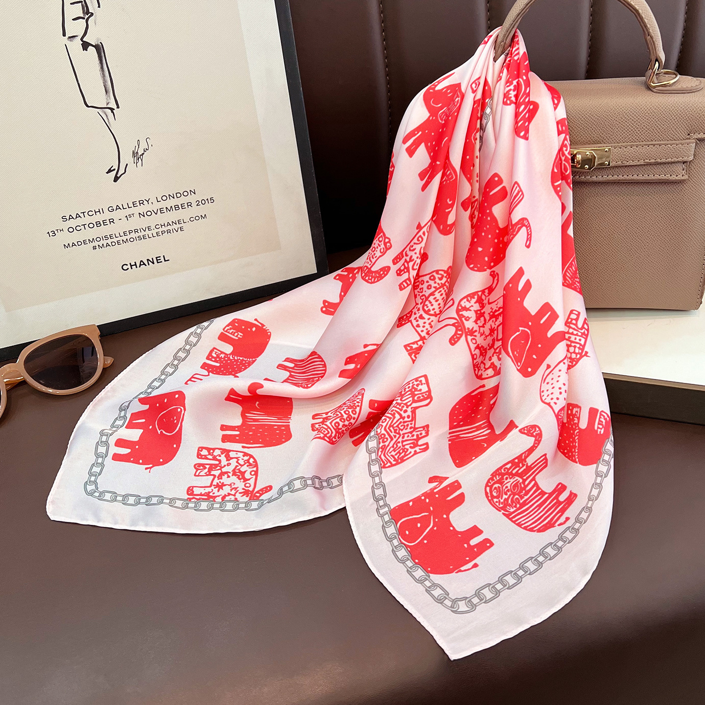European American style animal print small square scarf women, a versatile red accessory summer, perfect for tying around the neck, adding an elegant  - view 3