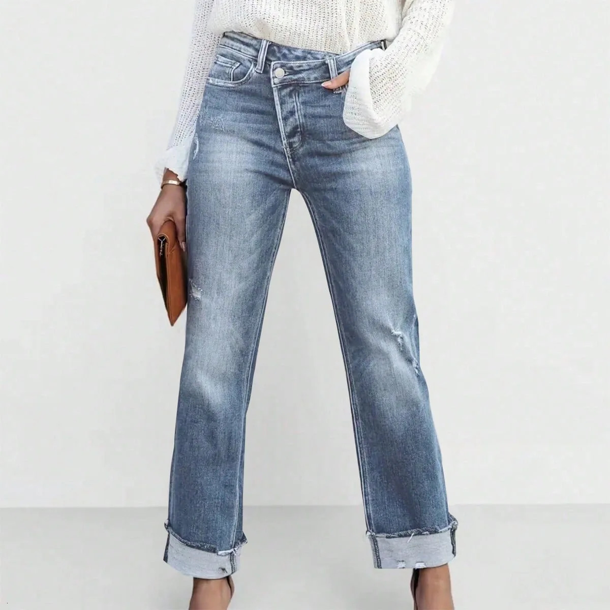 High Waist Stretch Denim Jeans for Women Solid Color Slim Straight Pants Pantalones de mujer 260922 - view 6