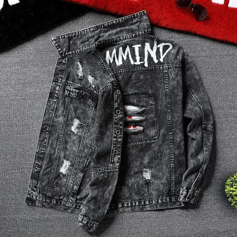 Jeans Coat for Men Hip Hop with Print Ripped Button Black Hole Denim Jackets Man Size L Large Lxury Worn Cowgirl Fast Delvery G 260923
