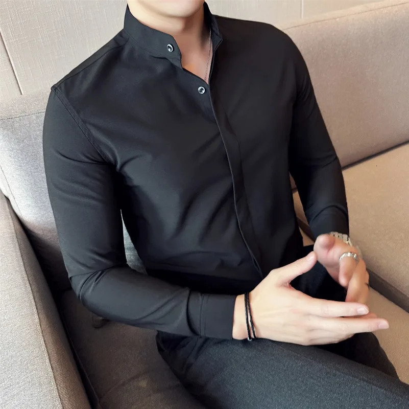 Men Dress Shirts British Style Stand Collar Formal Shirt Long Sleeve Business Casual Slim Fit Shirts Black White Men Clothing 260922 - view 7