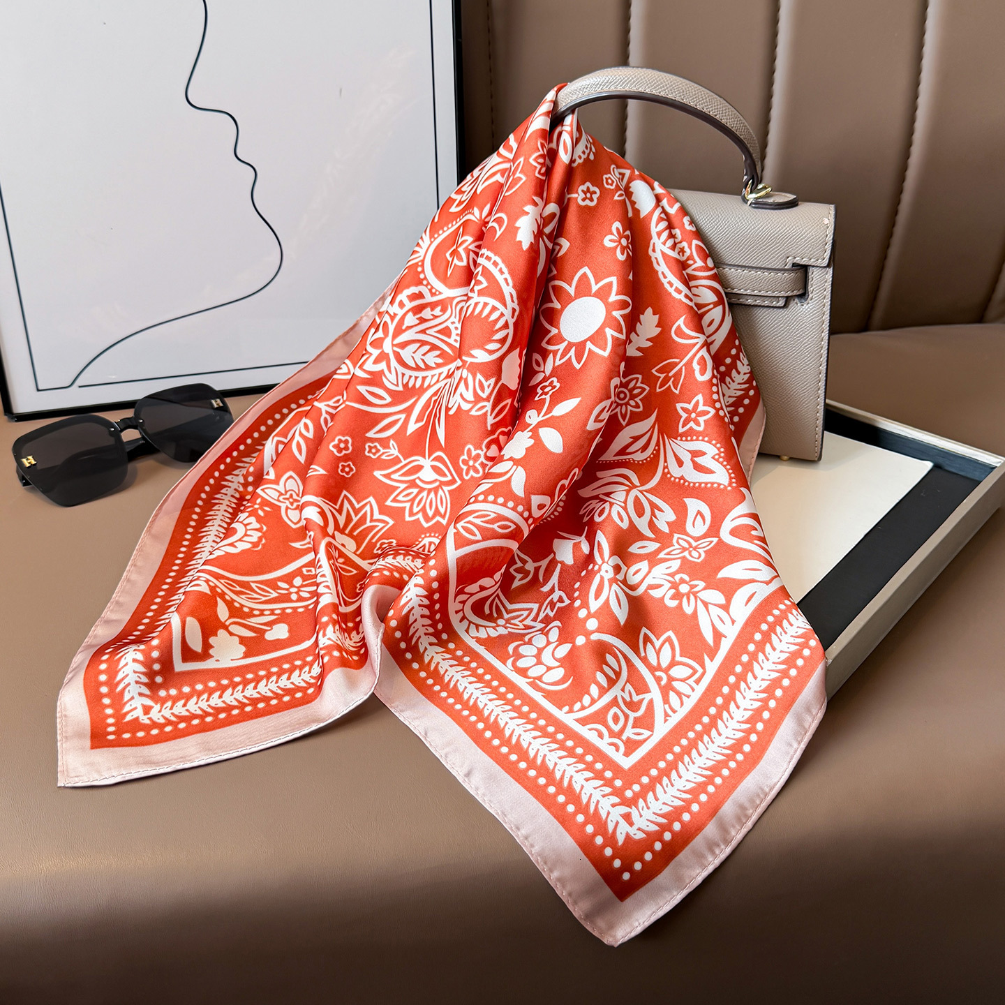 Retro cashew-patterned faux silk small square scarf, stylish and versatile, can be used as a headscarf, shawl, sun-protective neck wrap, or women' - view 3