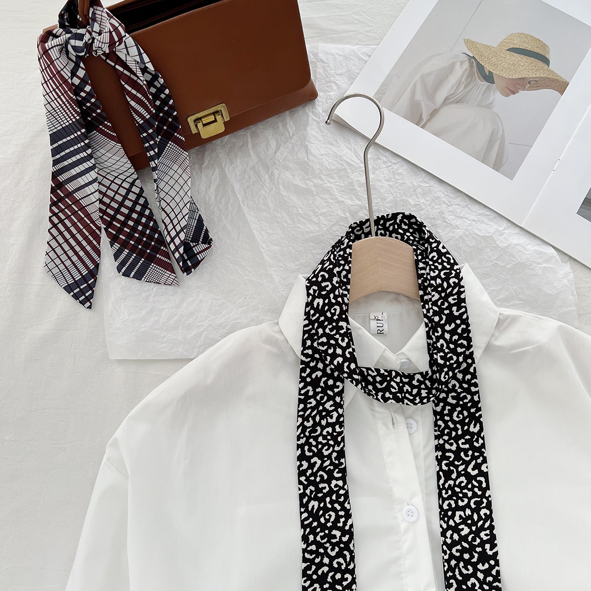 Long Strip High-End Feel Ins French Thin Narrow Neck for Women Korean Style Outfit Silk Scarf Polka Dot Plaid Print Ribbon - view 4