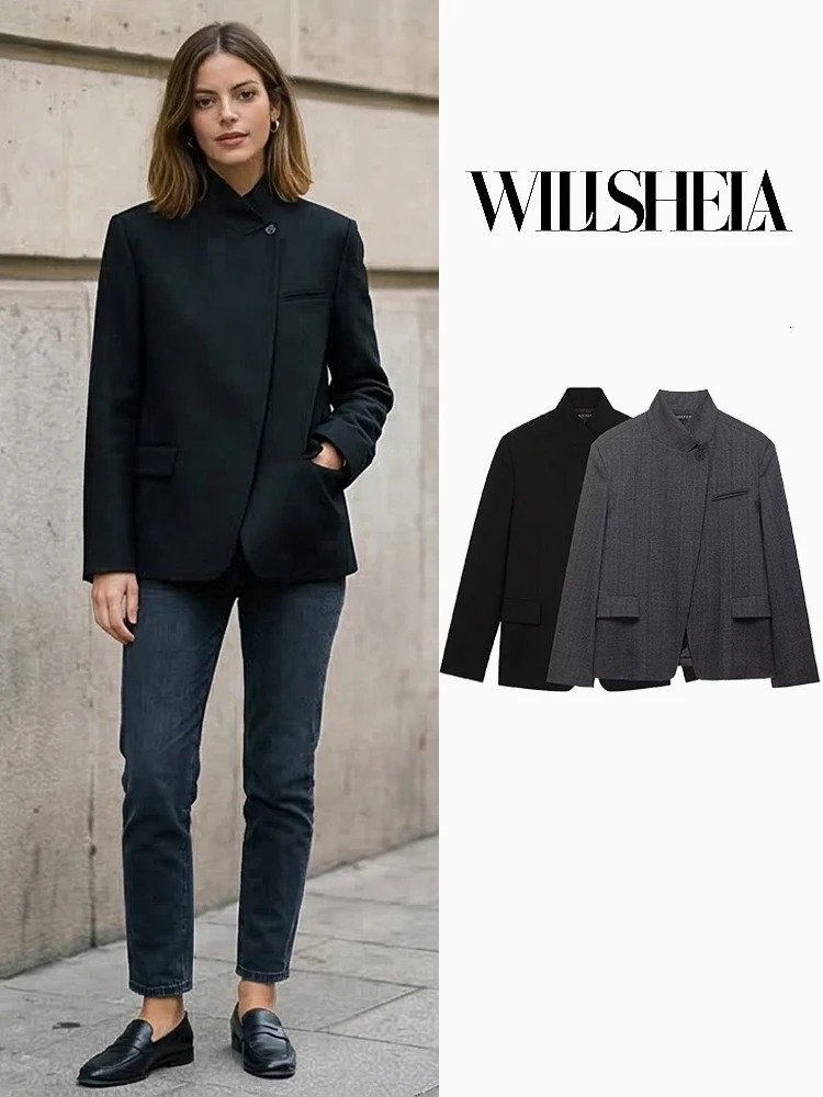 Willshela Women Fashion Solid Single Button Blazer Vintage Long Sleeves Half High Neck Female Office Lady Outfits 260924