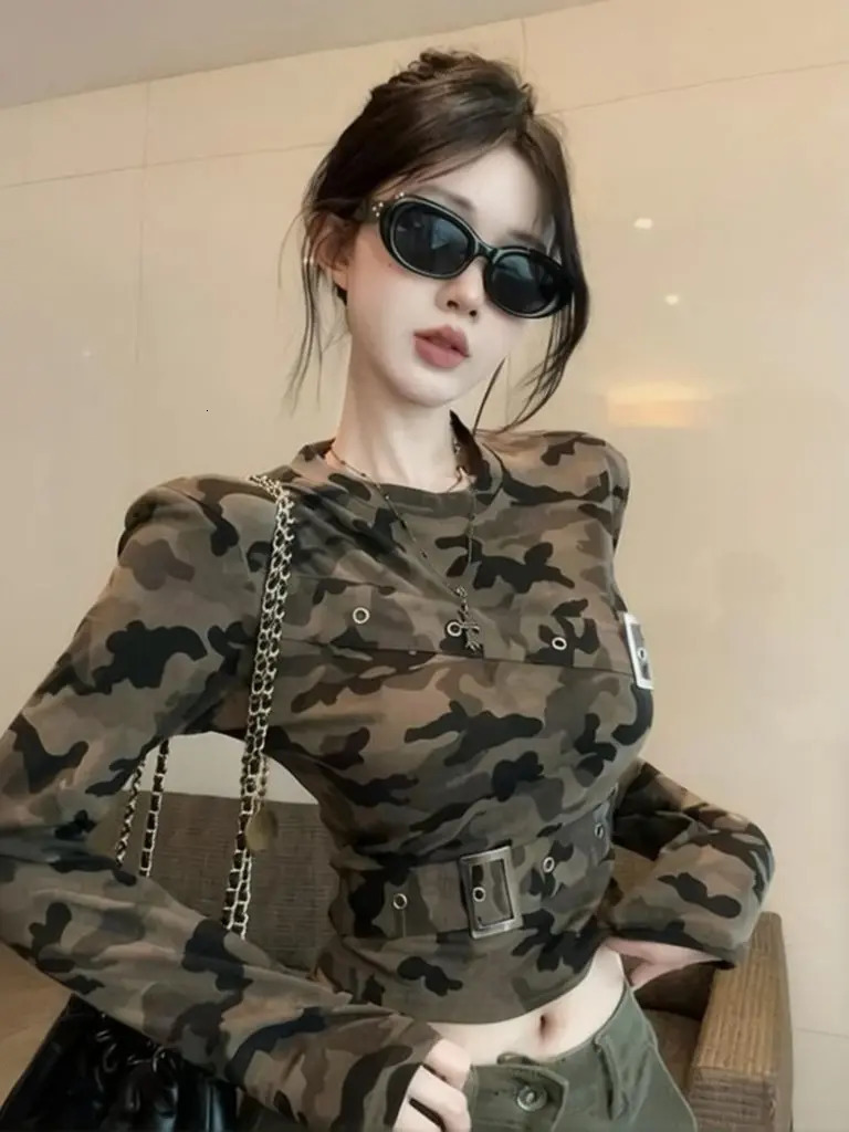 Tactic Camo Long Sleeve T-Shirts Women Autumn Coquette Sexy Y2K Top Belted Trendy Fashion Oversized Fitted Basic Tees 260920 - view 5