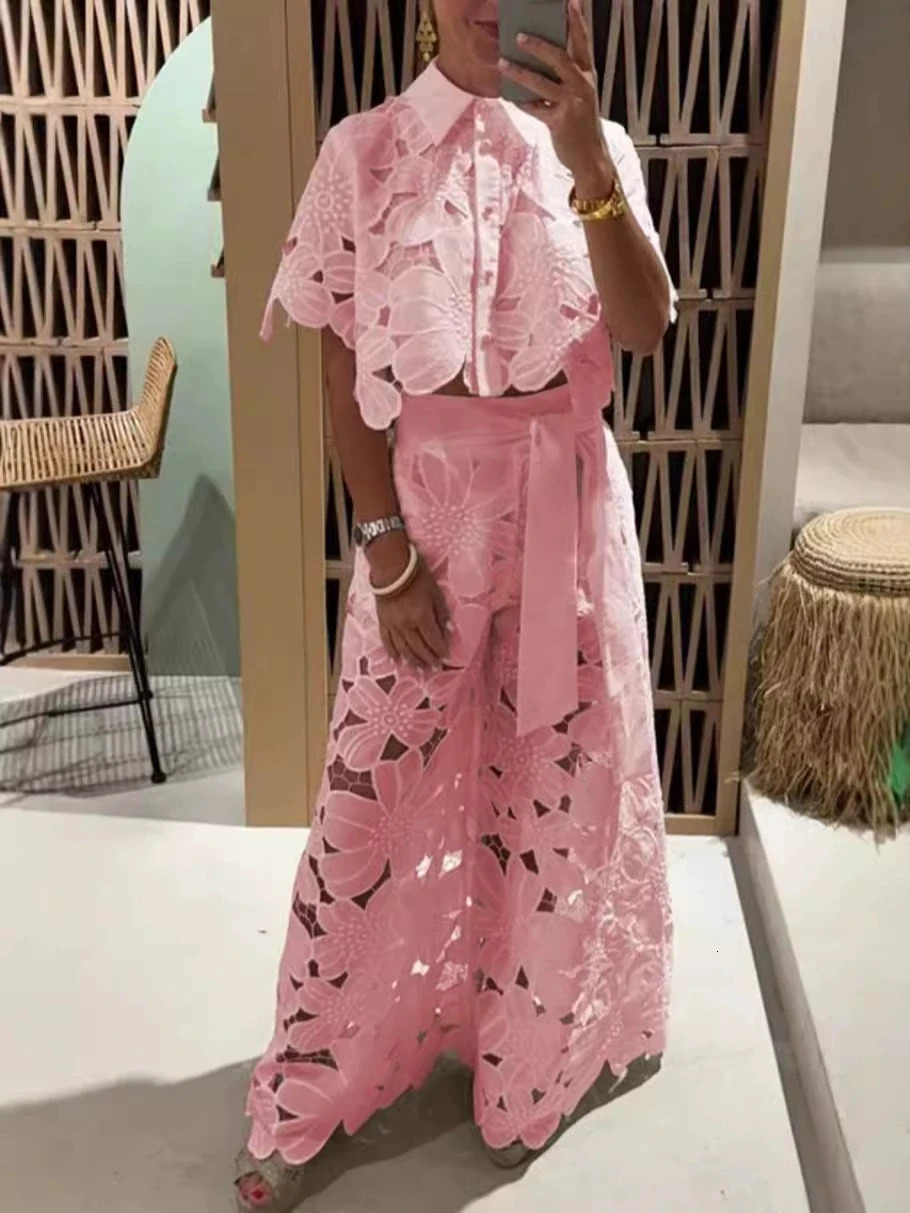 Women Set Short Sleeved Blouse Tops Tie-up Pants Two Peics set Lace Outfit Embroidery Retro Hollow Temperament Suit 260922 - view 4