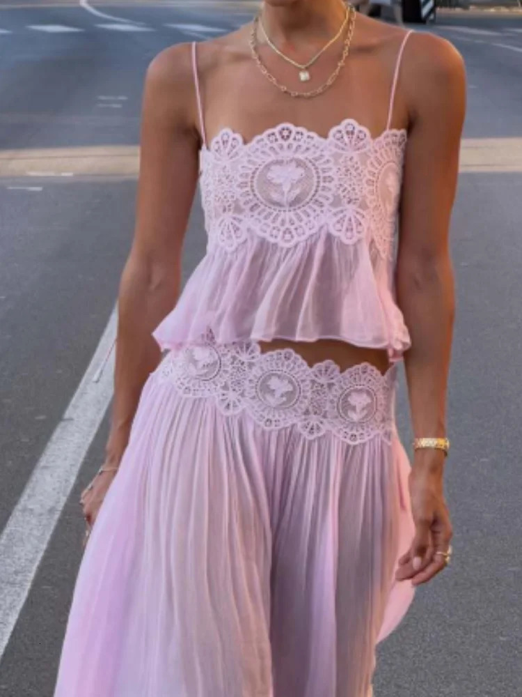 Women Pink Lace Mesh 2 Piece Outfit Straps Floral Cropped Cami High Waist Wide Leg Trousers Set Bohemian Seaside Holiday Suit 260922 - view 4