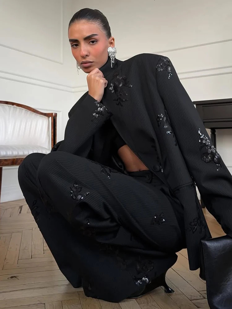 Black Sequin Embroidery Blazer 2 Piece Set Women Chic Full Sleeve Lapel V-neck Loose Wide Leg Pants Suit Lady Spring Autumn Wear 260922 - view 3