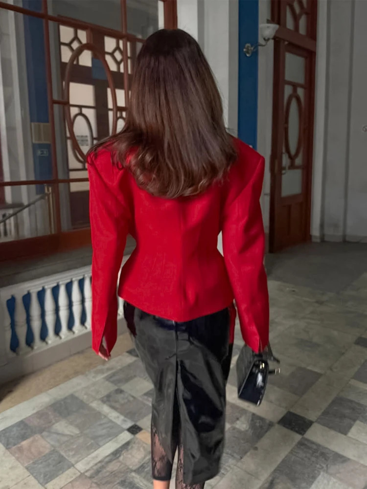Women Red Lapel Cropped Blazer Shoulder Pads Double Breasted Long Sleeve Slim Short Jacket Elegant Party Fashion Outer Coats 260924 - view 3