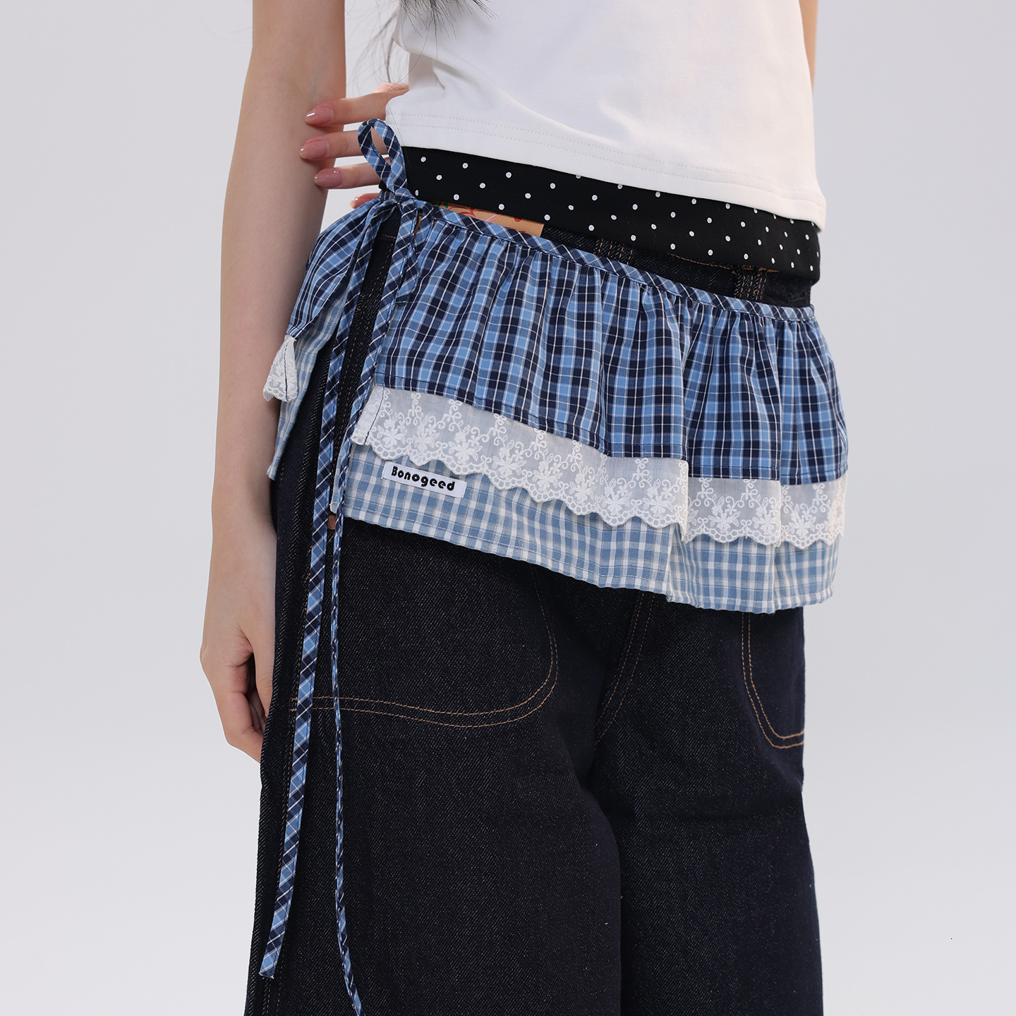 New literary vintage plaid lace for women, spring summer layered short skirt with tie, age-reducing and versatile - view 4