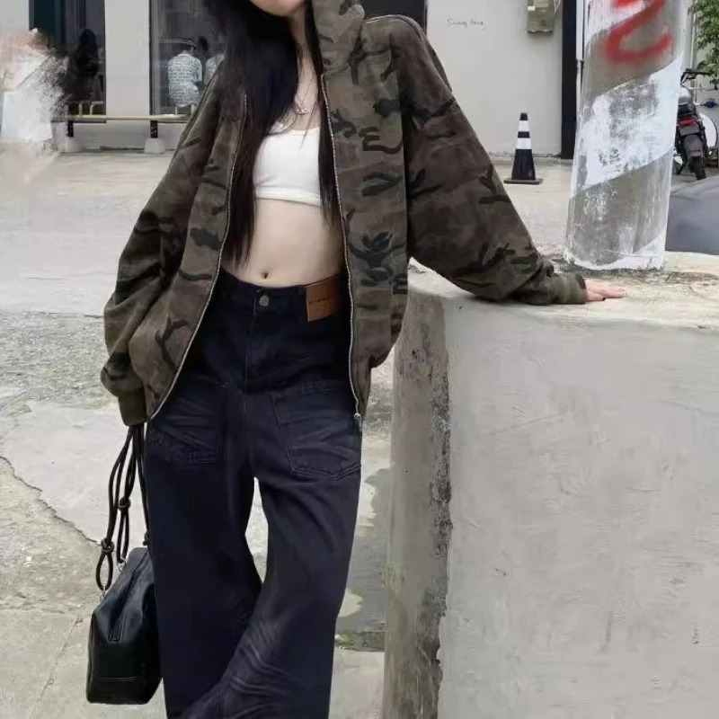 Vintage Camouflage Hooded Sweatshirt Jacket Women's Fall and Winter Loose Long-sleeved Zip Top 260923 - view 5