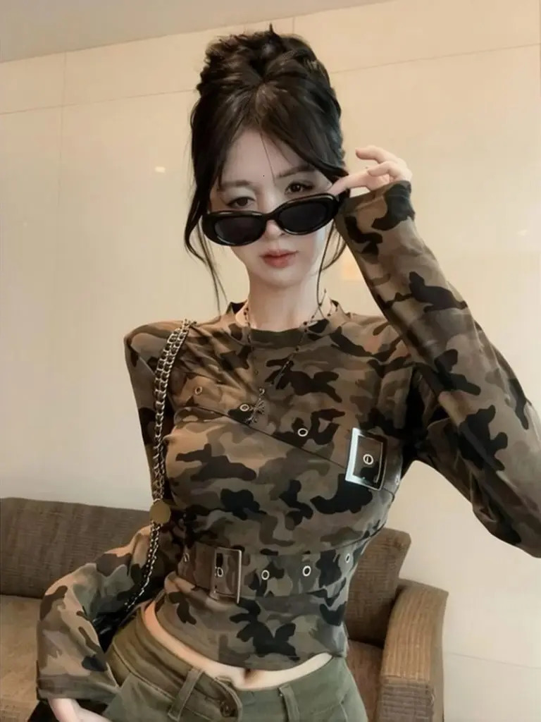 Tactic Camo Long Sleeve T-Shirts Women Autumn Coquette Sexy Y2K Top Belted Trendy Fashion Oversized Fitted Basic Tees 260920 - view 6