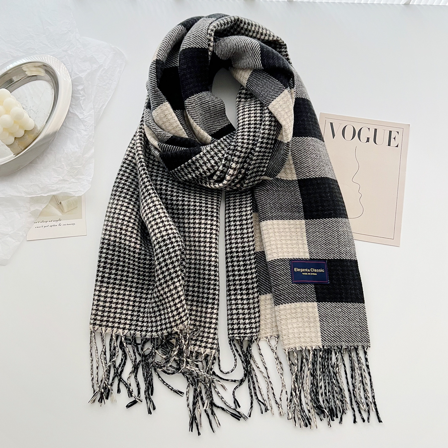 2026 Autumn/Winter New Versatile Korean-Style Scarf for Women, Thick Knitted Tassel Warm Neck Warmer, Imitation Cashmere Plaid Shawl - view 4