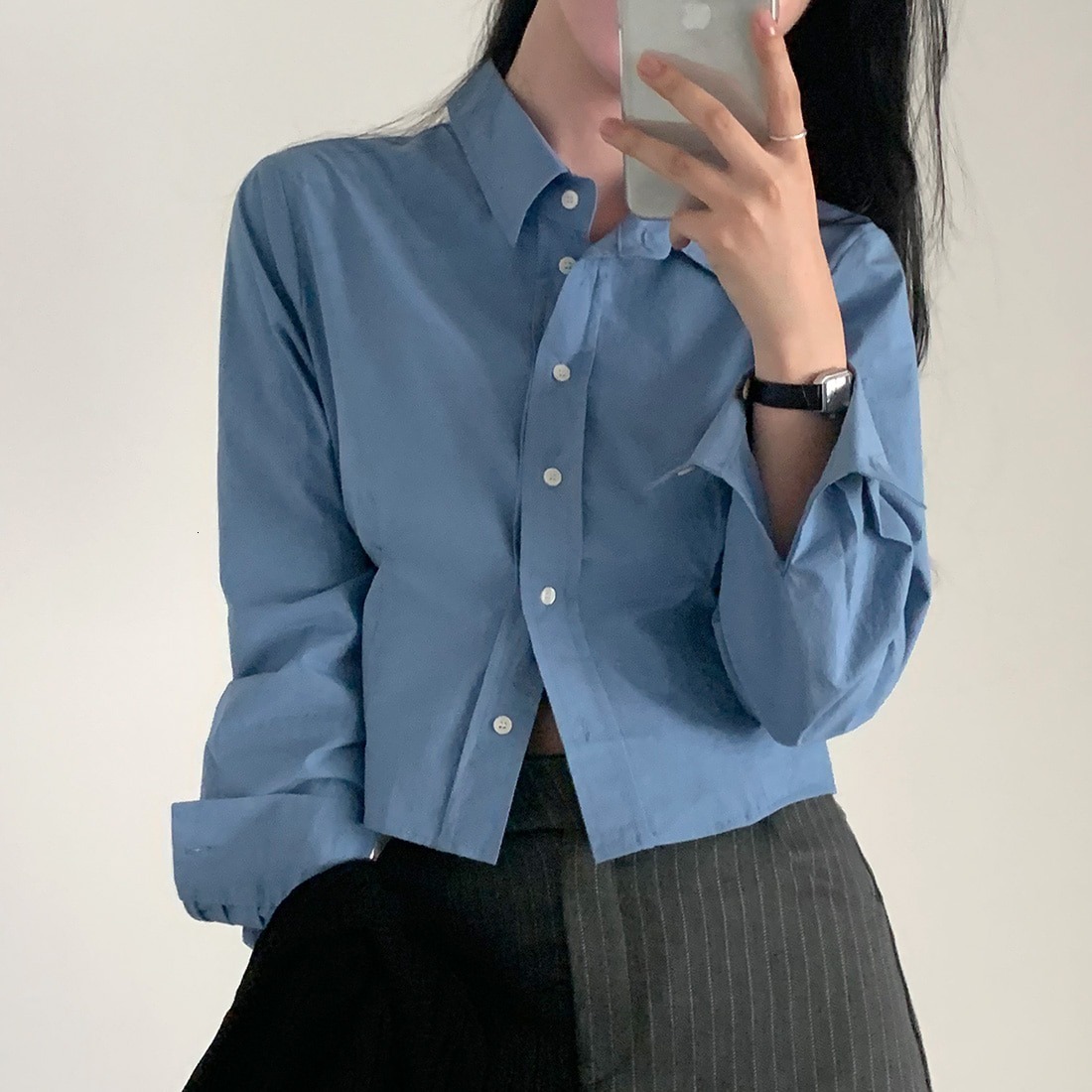 Chic Autumn Short Sleeveless Collar Women's Shirt Single Button Slim Fit Long Sleeve Straight Cut Commute Style Top - view 5