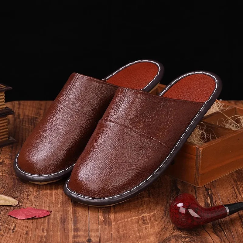 Men Spring Cow Leather Indoor Slippers Anti-Skip Comfortable Couple Home Casual Shoes Household Slippers for Women 260918 - view 4