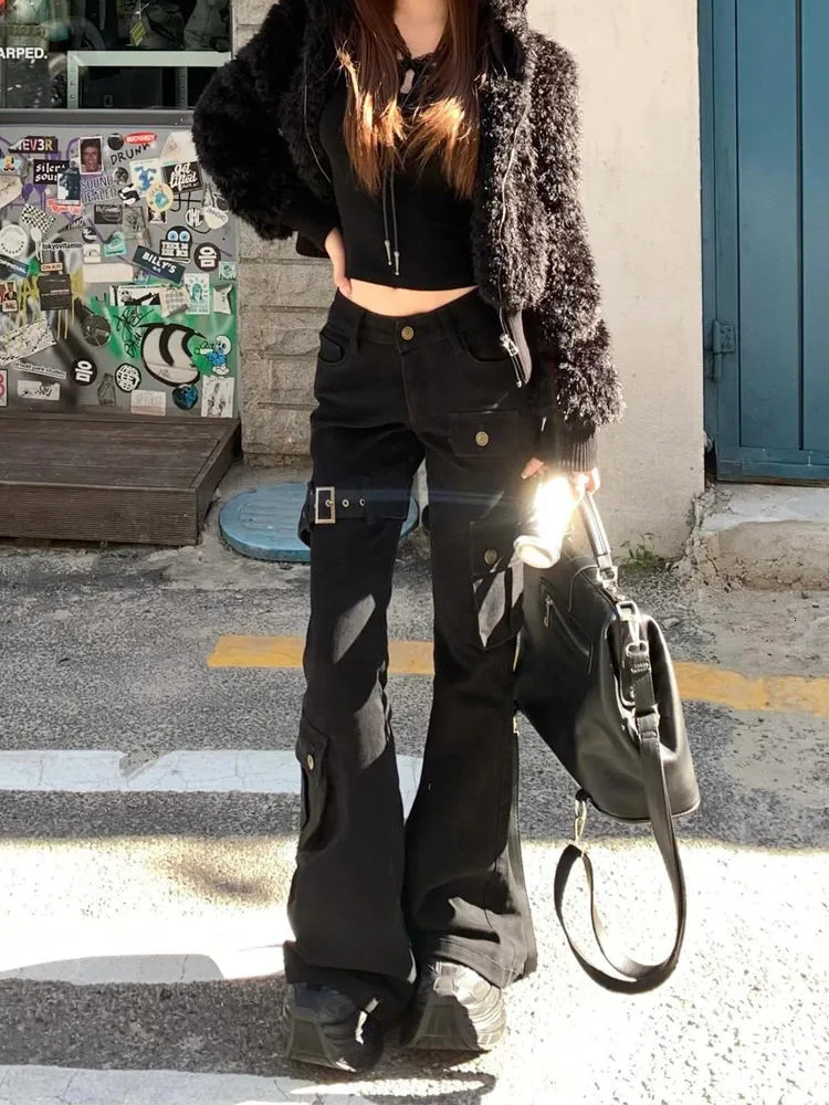 2026 Cyber Y2K Fashion Strap n Slim Stacked Flare Jeans Pants For Women Clothing Multi Pockets Lady Trousers Pantalon Femme 260922 - view 4