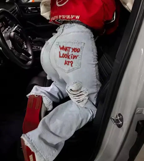 Women Y2K High Waist Ripped Jeans "What You Lookin At" Print Light Blue Straight Leg Streetwear Denim Pants 260922