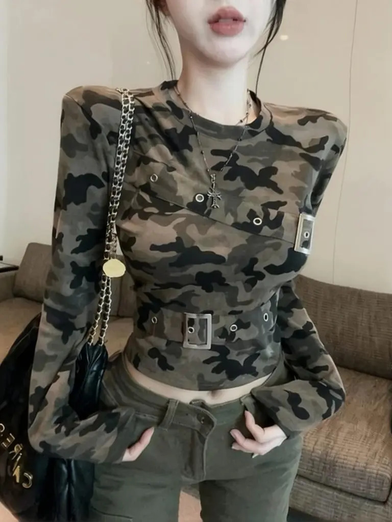 Tactic Camo Long Sleeve T-Shirts Women Autumn Coquette Sexy Y2K Top Belted Trendy Fashion Oversized Fitted Basic Tees 260920 - view 4