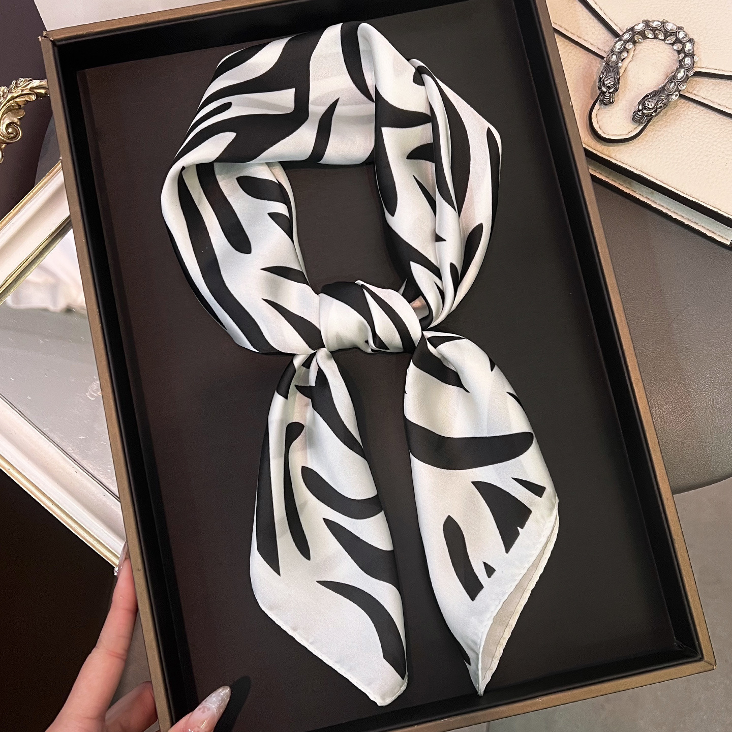 New European American zebra-patterned faux silk scarf, square scarf for women, versatile, light luxury, sun-protective shawl and headscarf - view 4