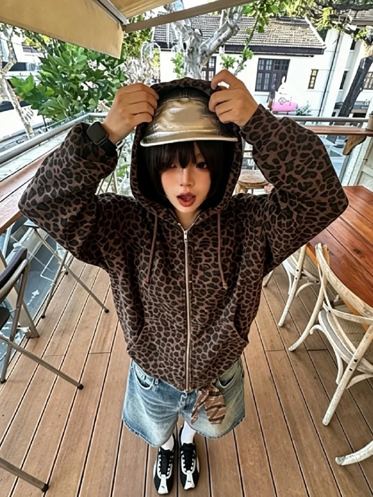 Y2K Leopard Print Hooded Jacket Women Full Zip Drawstring Hood Long Sleeve Loose Fit Streetwear Street Club Ladies Outerwear 260924 - view 5