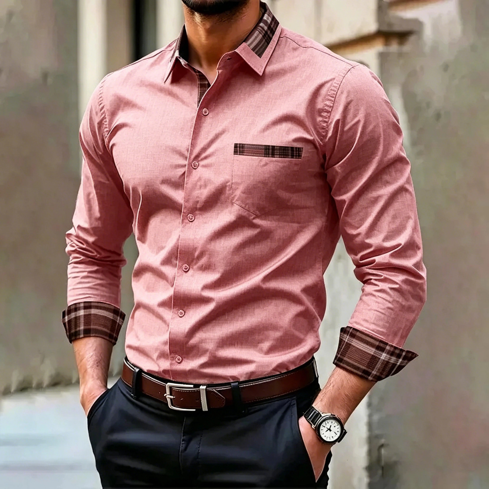 Men's Business Casual Shirt Plaid Patchwork Long Sleeve Dress Shirt Slim Fit Button Down Formal Office Blouse for Men White Red 260922 - view 6