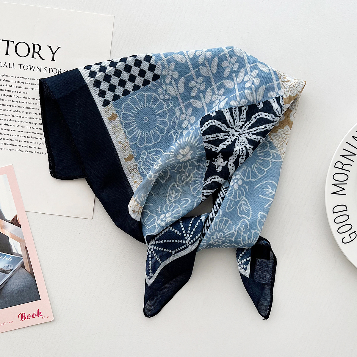 Spring summer French-style retro cotton and linen small square versatile neck thin silk scarf, multi-functional hair tie - view 4